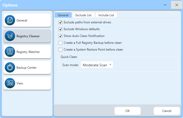 Revo Registry Cleaner 选项菜单界面